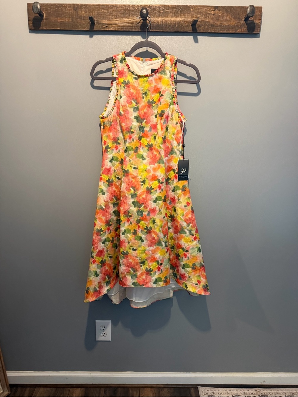 Adrianna Papell Floral A-Line high low Dress in Coral, Yellow, Green